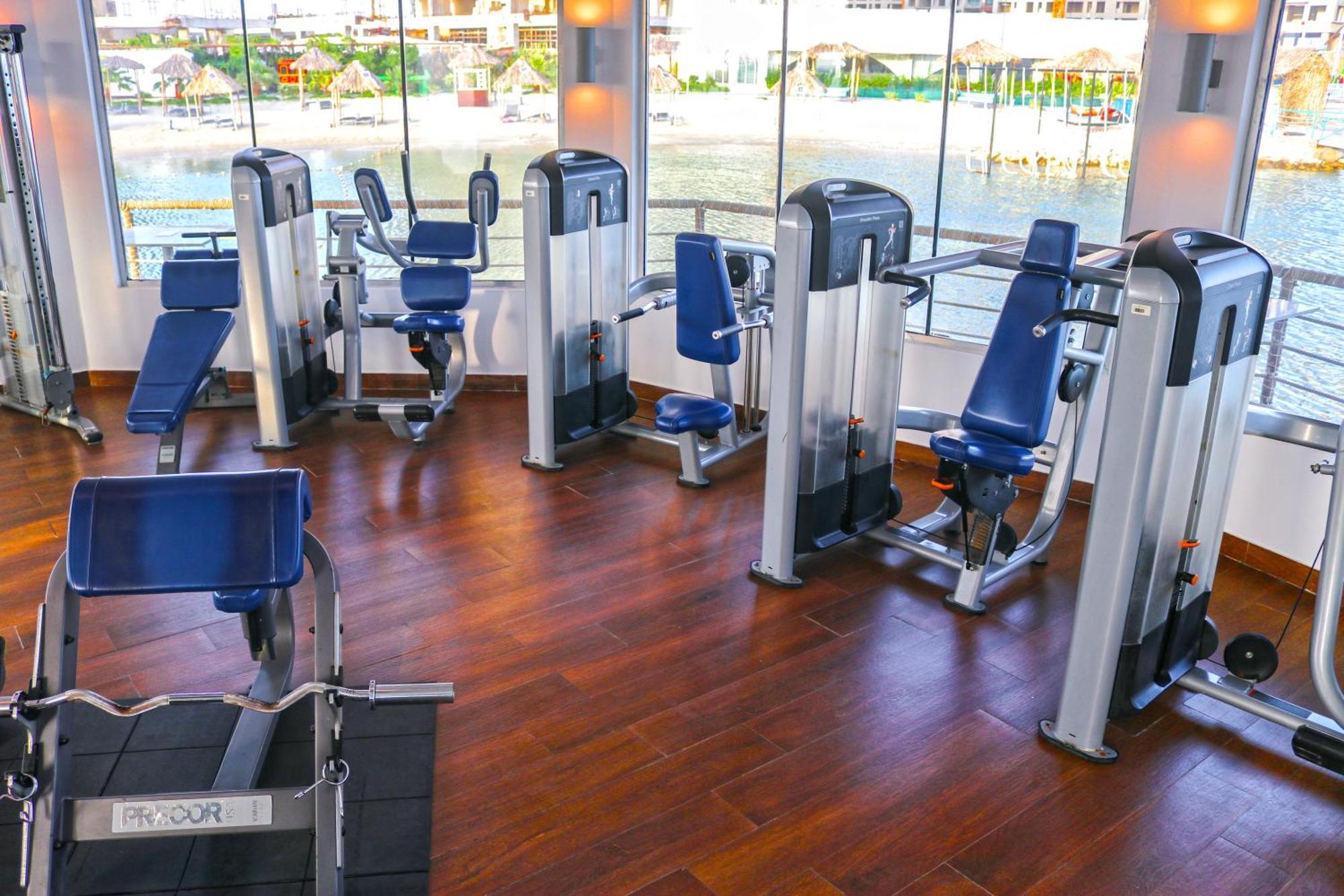 Lagoona Beach Luxury Resort And Spa Манама Экстерьер фото The photo shows a gym or fitness center with several pieces of exercise equipment. There are multiple machines designed for strength training, including seated machines with padded seats and backrests. The equipment appears to have a modern design an
